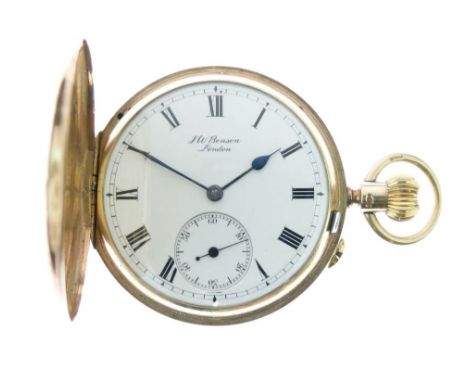J.W.Benson, London - 9ct gold hunter pocket watch, the signed white enamel dial with black Roman numerals, subsidiary seconds