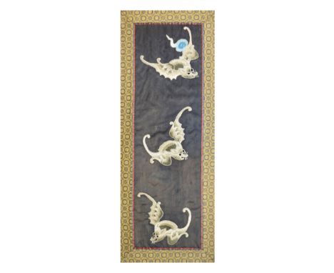 Chinese silk sleeve panel, worked in silver-coloured thread with three bats (Fu), 54cm x 16.5cm excluding patterned border, f