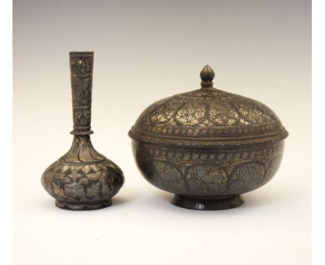 19th Century Indian Bidri ware bowl and cover, Bidar, Deccan, the domed cover with floral inlay, the conforming bowl with flo