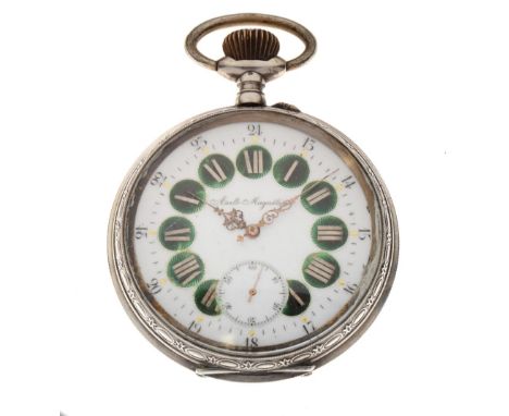 Silver Goliath watch, the German case stamped '800', the white enamel dial with green ground medallion Roman numerals with ou