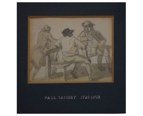 Manner of Paul Sandby (1725-1809) - Pencil and sepia wash - Study of two gentlemen on a bench with figure on horse in the dis