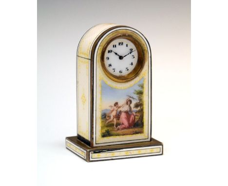 Early 20th Century Continental enamel desk timepiece, the 28mm white enamel Arabic dial with gilt minute markers and 7-jewel 