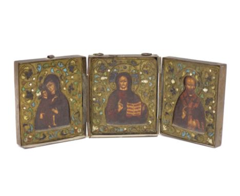 19th Century brass, enamel and painted Orthodox portable icon, of folding 'triptych' form, 23cm fully open x 9cm high Conditi