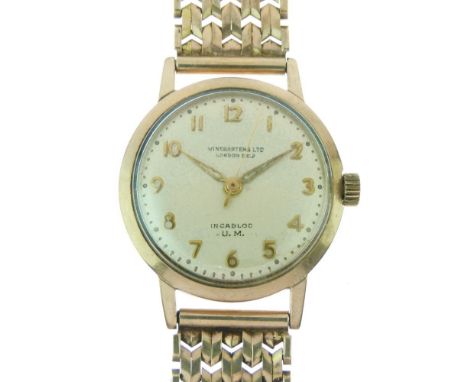 Winegartens Ltd, London - Gentleman's 9ct gold manual wind wristwatch, the cream dial with gold Arabic numerals and hands, ce