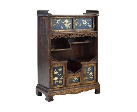 Japanese Meiji period shibayama-decorated table-top cabinet of 'shodana' form, having ivory and mother-of-pearl mounted blue 