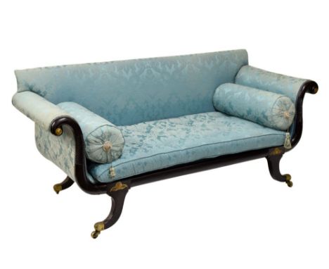 Good quality Regency ebonised double scroll-end settee or sofa, the padded straight back between outscrolled overstuffed arms