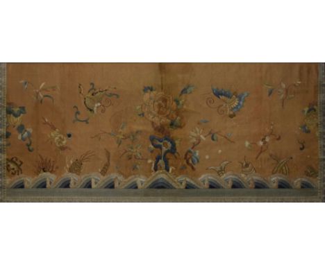 Chinese silk sleeve panel circa 1900, depicting butterflies hovering over water, a fish and a shrimp emerging from the ripple