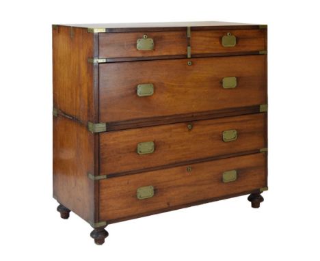 19th Century brass-mounted teak Campaign chest of drawers, in two sections, the upper having brass corners and straps over tw