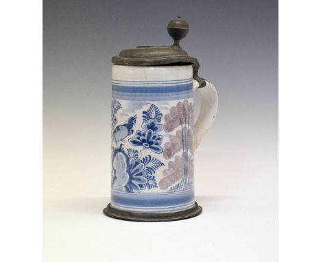 Mid 18th Century German Fraenkel and Shrenck (Bayreuth) faience tankard, circa 1745-47, the hinged pewter cover with ball thu