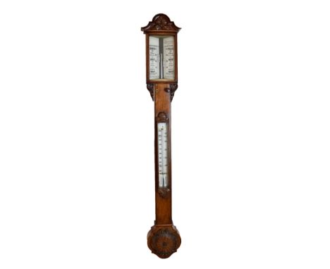 Late Victorian carved walnut stick barometer, anonymous, the white ceramic scale printed for 10am Yesterday and 10am To Day w