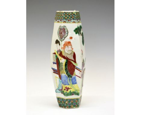 19th Century Chinese Canton Famille Verte hexagonal vase, of barrel form decorated in enamels with figures on a terrace, vase