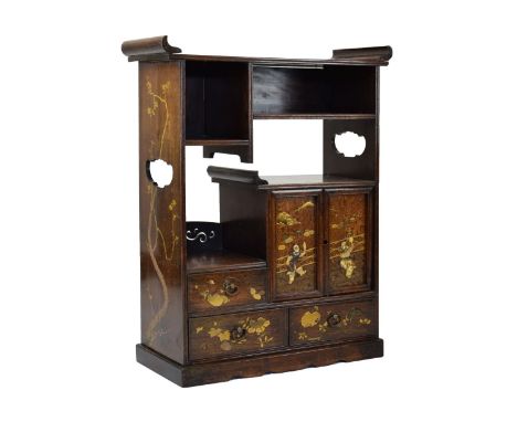 Late 19th Century Japanese Meiji period shibayama and gilt lacquer-decorated hardwood table cabinet, of 'shodana' form with r