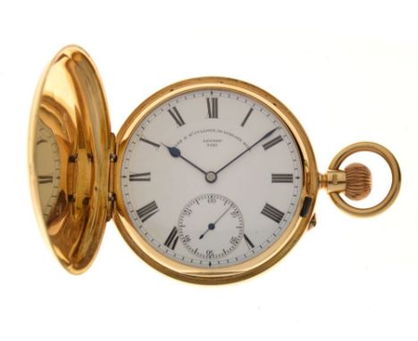 Wales &amp; McCulloch, 20 Ludgate Hill, London 3543 - 18ct gold hunter pocket watch, the signed white enamel dial with black 