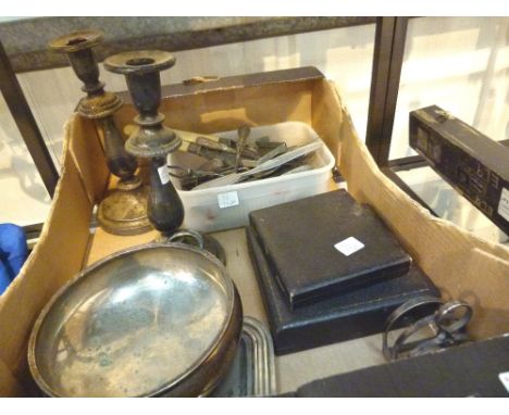 Silver plate footed bowl, cased spoons and forks, Walker & Hall candlesticks, tray toast rack and flatware, some silver examp