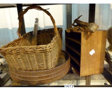 Mixed items including entrenching tool and a gin trap by H Lane 