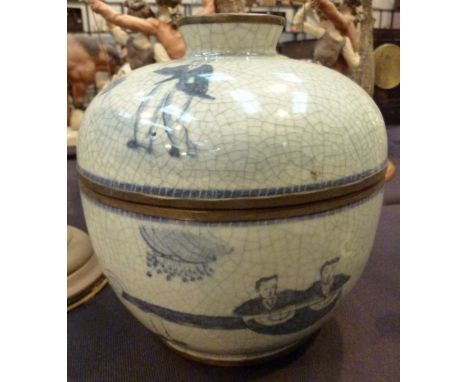 Antique Thailand ceramic blue and white crackle glazed lidded pot 