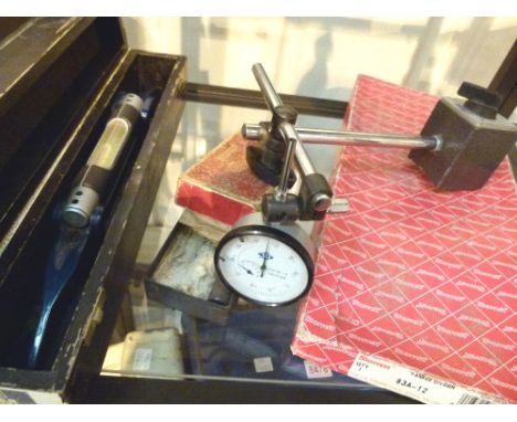Engineering tools, Moore & Wright level, Starret micrometer and dividers plus a Noga indicator 