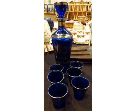 Venetian blue glass decanter and six glasses