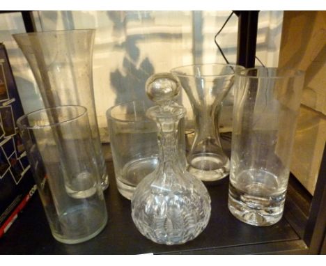 Five modern glass vases plus a decanter 