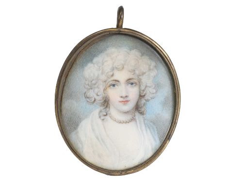 Follower of Andrew Plimer 
Portrait of a lady, bust-length, in a pale blue dress and pearl necklaceminiature on ivory, oval6 
