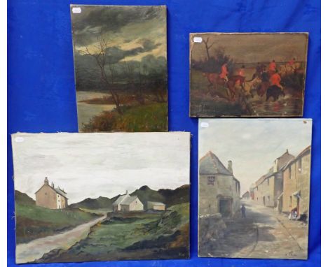 R ADAMS, VILLAGE STREET late 19th century, oil on canvas, 35.5 x 45.5cm, with three other oils on canvas, a river view by A R