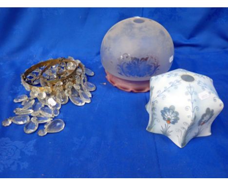 A SMALL THREE-TIER CHANDELIER with two glass pendant light shades