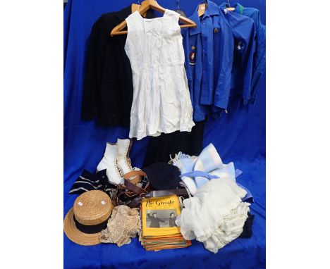 A GIRL'S VINTAGE SCHOOL UNIFORM, WITH BOATER a Girl Guide uniform and related items, other clothing and a pair of ice skates