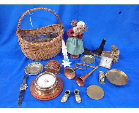 A HUNTING HORN, AN ANEROID BAROMETER brassware and sundries