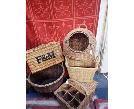 A FORTNUM &amp; MASON HAMPER BASKET, OTHER BASKETS including a picnic bottle carrier, and a part-roll of upholstery fabric