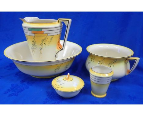 AN ART DECO BURLEIGHWARE WASHSTAND SET by Burgess &amp; Leigh, comprising jug, basin, soap dish, toothbrush vase and chamber 