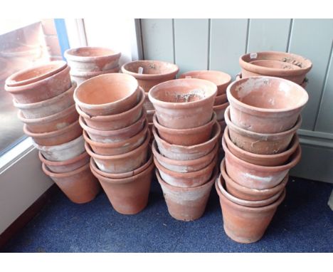 A COLLECTION OF VINTAGE CLAY FLOWERPOTS mostly 15cm  diam (cracks/chips)
