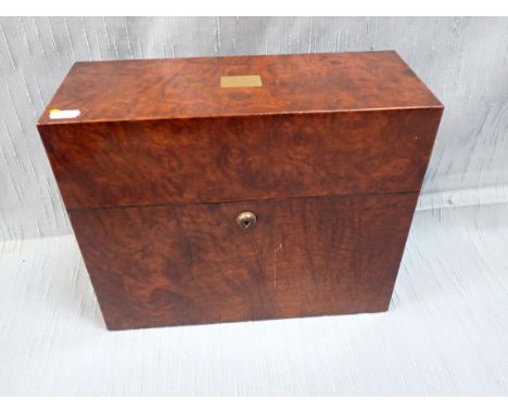 A VICTORIAN WALNUT THREE-COMPARTMENT DECANTER BOX (empty) with Needs, Late Bramah lock (no key) and label 'ARMY &amp; NAVY C.