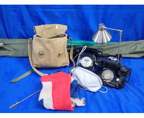 TWO VINTAGE TELEPHONES (cracked), a Union Jack, and sundries