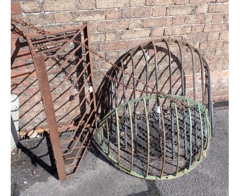 A LARGE VINTAGE IRON HAY MANGER 95cm together with another vintage iron hay manger, painted green and another similar