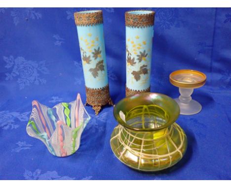 A PAIR OF VICTORIAN BLUE OPAQUE GLASS VASES WITH PRESSED METAL MOUNTS a Venetian latticino vase, an Austrian style vase, and 