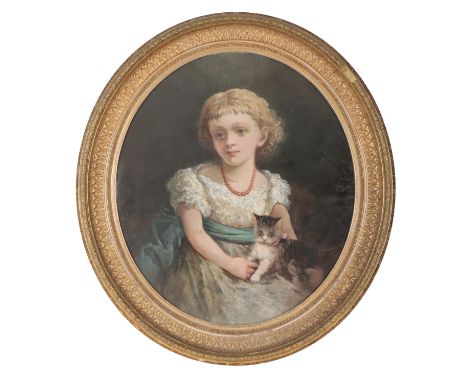 H. ADAMY (?), PORTRAIT OF A YOUNG GIRL AND KITTEN 19th Century, oil on canvas, oval canvas 64cm x 56cm, indistinctly signed a