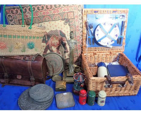 A TAPESTRY STYLE CUSHION, A PICNIC BASKET a Corinthian column lamp (damaged), and sundries