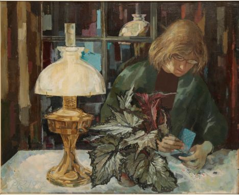 *PETER CUMMING (1916-1993) 'Patience' a woman playing cards at a table in an interior, monogrammed and dated '72 lower left, 
