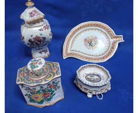 A SMALL BALUSTER VASE AND COVER, WITH ARMORIAL 16cm high, a similar leaf dish, a caddy, and a salt (4) (both covers damaged)