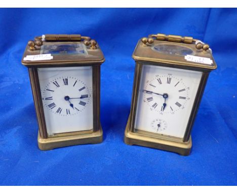 TWO CARRIAGE CLOCKS (one running, but with chipped front and side glass. Both have cracks to the enamel dial)