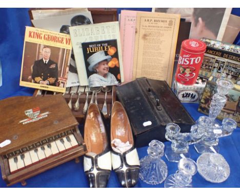A CUT GLASS CANDLESTICK, OTHERS, A TOY PIANO, ROYAL EPHEMERA WWII 'A.R.P. Rhymes' cards, a plated canteen and other items