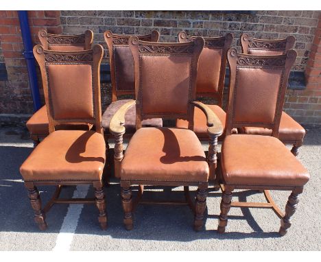 SEVEN EDWARDIAN OAK DINING CHAIRS BY R. GARNETT, WARRINGTON in Jacobean revival style, including one carver (loose joints, on