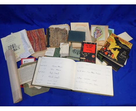 A BOX OF MIXED PAPER EPHEMERA including a vintage handwritten cook book; 'Pancho Villa' No. 7; 'Guide to the Specimens of the