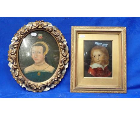 AN EARLY 19th PORTRAIT OF A GIRL Reverse painted on glass, a wedding anniversary gift in 1884, 26 x 31 cms, with a 19th centu