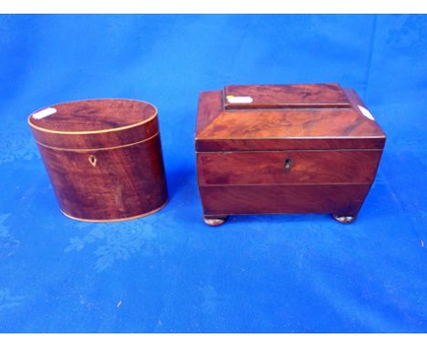A 19TH CENTURY MAHOGANY TEA CADDY and a smaller oval tea caddy (2)
