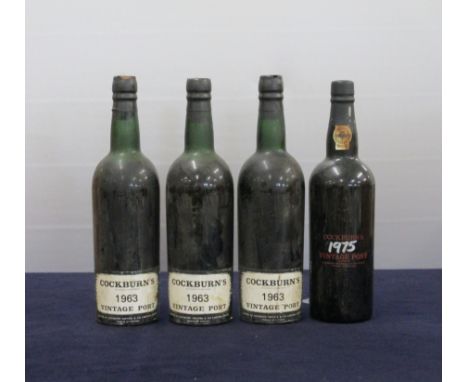 3 bts Cockburns Vintage Port 1963 2 ts, 1 base of neck, wax capsules damaged/pt removed 1 bt Cockburns Vintage Port 1975 i.n 