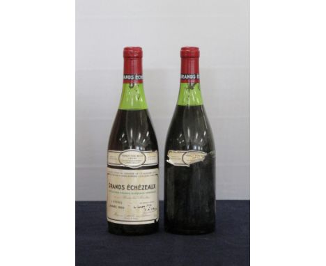 1 bt Grands Echezeaux DRC 1982 bottle N° 005065, lms Percy Fox &amp; Co. Shipping Label, 1 sl tear &amp; sl nicks to sl stl 1