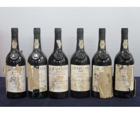 6 bts Grahams Vintage Port 1985 owc (missing lid, sl damaged) bs/stl, remnants 