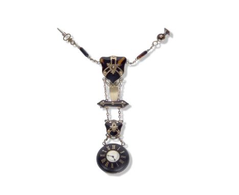 First quarter of 20th century tortoiseshell chatelaine clip pocket watch, metal chain with decorative tortoiseshell between l