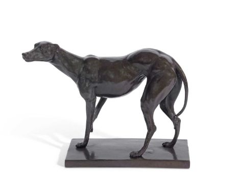 20th Century hollow bronze model of a Greyhound set on a rectangular plinth base, unsigned, approx 28cm 